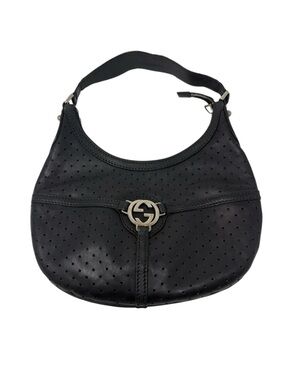 Gucci Reins Vintage Interlocking GG Perforated Leather Black Hobo Bag Purse